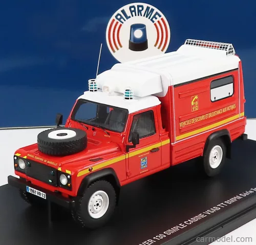 Alarme - Land Rover Defender 130 Pick-Up Closed Vsab Tt Bmpm Sapeurs Pompiers Vehicule De Secours Et D'Assistance Aux Victimes 1986 Red White
