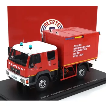   Alerte - MAN LE 14.220 TRUCK DOUBLE CABINE BEMAEX GRIMP SDIS 77 SAPEURS POMPIERS GROUPE RECONNAISSANCE INTERVENTION MILIEU PERILLEUX 2004 RED WHITE YELLOW