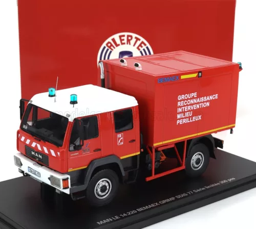 Alerte - MAN LE 14.220 TRUCK DOUBLE CABINE BEMAEX GRIMP SDIS 77 SAPEURS POMPIERS GROUPE RECONNAISSANCE INTERVENTION MILIEU PERILLEUX 2004 RED WHITE YELLOW
