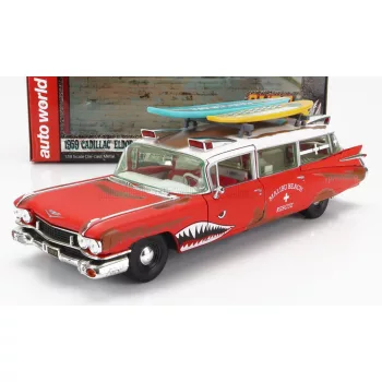   Autoworld - CADILLAC ELDORADO AMBULANCE WITH SHARK GRAPHICS AN SURFBOARDS 1959 RED WHITE