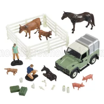   Britains - LAND ROVER LAND DEFENDER 90 PICK-UP CLOSED WITH ANIMALS AND FIGURES 1984 GREEN SILVER