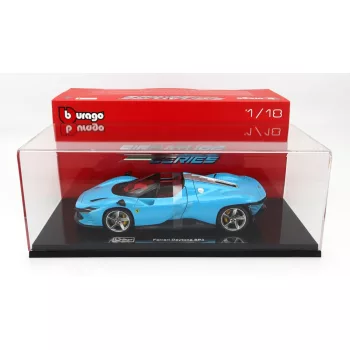   Burago - FERRARI DAYTONA SP3 CLOSED ROOF 2022 - CON VETRINA - WITH SHOWCASE - EXCLUSIVE CARMODEL MEDIUM BLUE