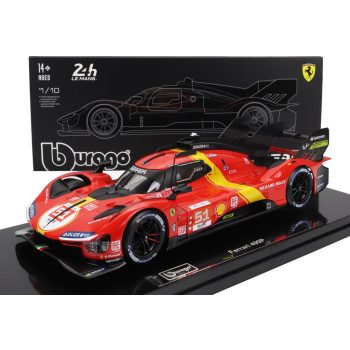   Burago - FERRARI 499P 3.0L TURBO V6 TEAM FERRARI AF CORSE N 51 WINNER 24h LE MANS 2023 ALESSANDRO PIER GUIDI - JAMES CALADO - ANTONIO GIOVINAZZI  - WITH SHOWCASE - EXCLUSIVE CARMODEL RED YELLOW BLACK