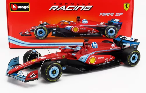 Burago - FERRARI F1  SF-24 TEAM SCUDERIA FERRARI N 16 3rd MIAMI GP 2024 CHARLES LECLERC RED BLACK LIGHT BLUE