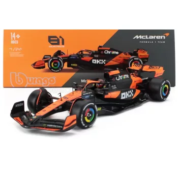   Burago - McLAREN F1  MCL38 TEAM MCLAREN N 81 MIAMI GP 2024 OSCAR PIASTRI - WITH PILOT AND SHOWCASE ORANGE BLACK