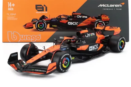 Burago - McLAREN F1  MCL38 TEAM MCLAREN N 81 MIAMI GP 2024 OSCAR PIASTRI - WITH PILOT AND SHOWCASE ORANGE BLACK