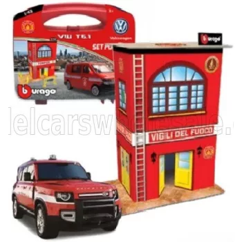   Burago - ACCESSORIES DIORAMA - SET BUILD YOUR CITY FIRE STATION - CASERMA VIGILI DEL FUOCO - WITH LAND ROVER NEW DEFENDER 110 2020 RED WHITE