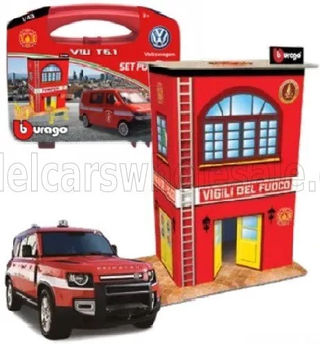 Burago - ACCESSORIES DIORAMA - SET BUILD YOUR CITY FIRE STATION - CASERMA VIGILI DEL FUOCO - WITH LAND ROVER NEW DEFENDER 110 2020 RED WHITE