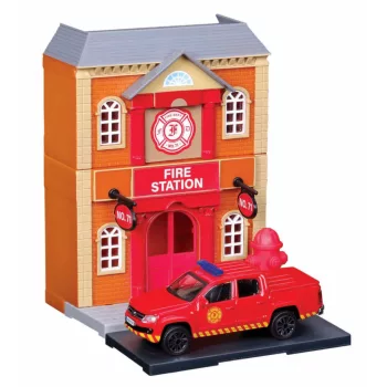   Burago - ACCESSORIES DIORAMA - SET FIRE STATION WITH VOLKSWAGEN AMAROK PICK-UP 2009 RED