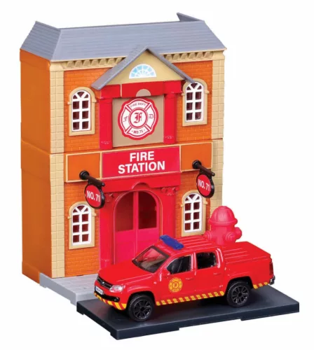Burago - ACCESSORIES DIORAMA - SET FIRE STATION WITH VOLKSWAGEN AMAROK PICK-UP 2009 RED