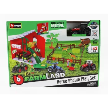   Burago - MASSEY FERGUSON SET FARM HORSE STABLE PLAY 8740S TRACTOR 2016 RED