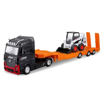  Burago - MERCEDES BENZ ACTROS 2 GIGASPACE TRUCK PIANALE TRASPORTO BOBCAT RUSPA GOMMATA FRONT LOADER SCRAPER 2016 BLACK ORANGE