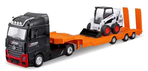 Burago - MERCEDES BENZ ACTROS 2 GIGASPACE TRUCK PIANALE TRASPORTO BOBCAT RUSPA GOMMATA FRONT LOADER SCRAPER 2016 BLACK ORANGE