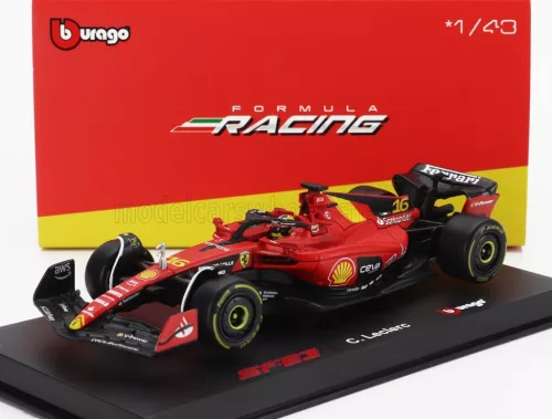 Burago - FERRARI F1  SF-23 TEAM SCUDERIA FERRARI N 16 4th MONZA ITALY GP 2023 CHARLES LECLERC - WITH PILOT AND SHOWCASE RED BLACK YELLOW