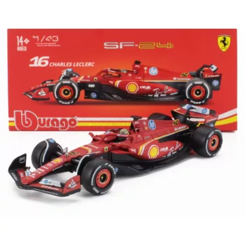   Burago - FERRARI F1  SF-24 TEAM SCUDERIA FERRARI N 16 WINNER ITALY MONZA GP 2024 CHARLES LECLERC - WITH PILOT AND SHOWCASE RED WHITE BLACK