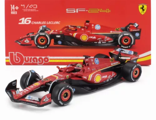 Burago - FERRARI F1  SF-24 TEAM SCUDERIA FERRARI N 16 WINNER ITALY MONZA GP 2024 CHARLES LECLERC - WITH PILOT AND SHOWCASE RED WHITE BLACK
