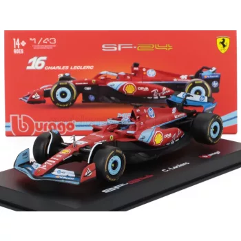   Burago - FERRARI F1  SF-24 TEAM SCUDERIA FERRARI N 16 3rd MIAMI GP 2024 CHARLES LECLERC - WITH PILOT AND SHOWCASE RED BLACK LIGHT BLUE