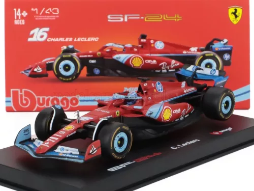Burago - FERRARI F1  SF-24 TEAM SCUDERIA FERRARI N 16 3rd MIAMI GP 2024 CHARLES LECLERC - WITH PILOT AND SHOWCASE RED BLACK LIGHT BLUE