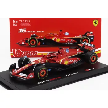   Burago - FERRARI F1  SF-24 TEAM SCUDERIA FERRARI N 16 4th EMILIA ROMAGNA IMOLA GP 2024 CHARLES LECLERC - WITH PILOT AND SHOWCASE RED BLACK