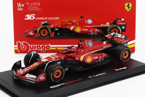 Burago - FERRARI F1  SF-24 TEAM SCUDERIA FERRARI N 16 4th EMILIA ROMAGNA IMOLA GP 2024 CHARLES LECLERC - WITH PILOT AND SHOWCASE RED BLACK
