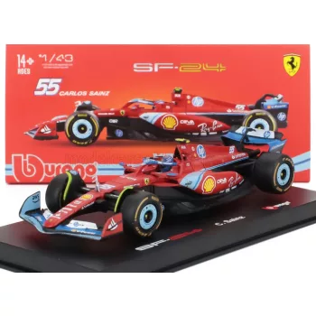   Burago - FERRARI F1  SF-24 TEAM SCUDERIA FERRARI N 55 5th MIAMI GP 2024 CARLOS SAINZ - WITH PILOT AND SHOWCASE RED BLACK LIGHT BLUE