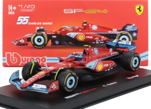 Burago - FERRARI F1  SF-24 TEAM SCUDERIA FERRARI N 55 5th MIAMI GP 2024 CARLOS SAINZ - WITH PILOT AND SHOWCASE RED BLACK LIGHT BLUE