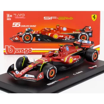   Burago - FERRARI F1  SF-24 TEAM SCUDERIA FERRARI N 55 4th ITALY MONZA GP 2024 CARLOS SAINZ - WITH PILOT AND SHOWCASE RED WHITE BLACK