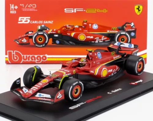 Burago - FERRARI F1  SF-24 TEAM SCUDERIA FERRARI N 55 4th ITALY MONZA GP 2024 CARLOS SAINZ - WITH PILOT AND SHOWCASE RED WHITE BLACK