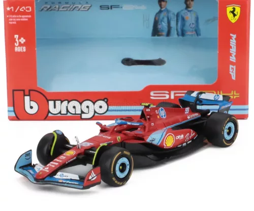 Burago - FERRARI F1  SF-24 TEAM SCUDERIA FERRARI N 55 5th MIAMI GP 2024 CARLOS SAINZ RED BLACK LIGHT BLUE