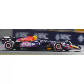   Burago - RED BULL F1  RB19 TEAM ORACLE RED BULL RACING N 11 3rd LAS VEGAS USA GP 2023 SERGIO PEREZ - WITH PILOT AND SHOWCASE PURPLE YELLOW RED
