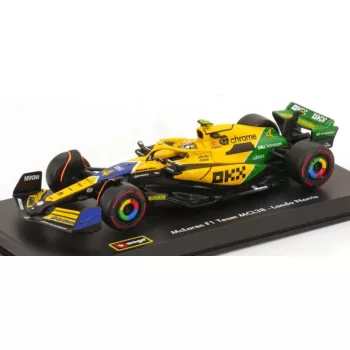   Burago - McLAREN F1  MCL38 TEAM MCLAREN N 4 4th MONACO GP (SENNA 30th ANNIVERSARY) 2024 LANDO NORRIS - WITH PILOT AND SHOWCASE YELLOW GREEN BLACK