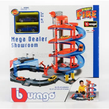   Burago - ACCESSORIES DIORAMA - PARKING - MEGA DEALER SHOWROOM WITH AUDI A6 AVANT 2019 + PORSCHE 911 996 GT3 COUPE 1997 RED BLUE GREY