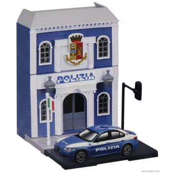   Burago - Accessories Diorama - Set Build Your City Police Station - Caserma Polizia - With Alfa Romeo Giulia 2015 Light Blue White