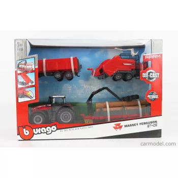   Burago - Massey Ferguson 8740S Tractor With Baler Lifter + Tipping Trailer + Tree Forwarder 2016 Red