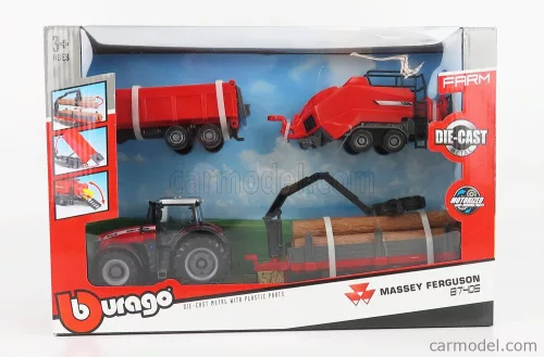 Burago - Massey Ferguson 8740S Tractor With Baler Lifter + Tipping Trailer + Tree Forwarder 2016 Red