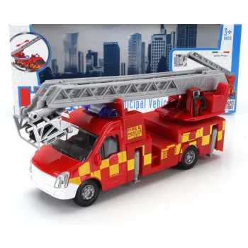   Burago - MERCEDES BENZ SPRINTER GRU CRANE ELEVATOR CON PIATTAFORMA CESTELLO RESCUE FIRE ENGINE 2010 RED YELLOW
