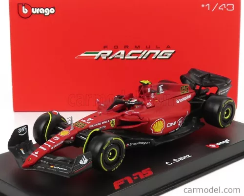 Burago - Ferrari F1-75 Scuderia Ferrari N 55 Season 2022 Carlos Sainz With Helmet And Plastic Showcase - Exclusive Carmodel Red