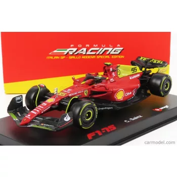   Burago - Ferrari F1-75 Scuderia Ferrari N 55 4Th Monza Gp Italy 2022 Carlos Sainz - With Helmet And Plastic Showcase - Exclusive Carmodel Red Yellow