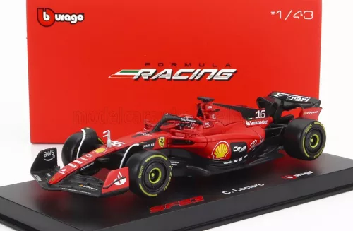 Burago - FERRARI F1  SF-23 TEAM SCUDERIA FERRARI N 16 SEASON 2023 CHARLES LECLERC - WITH PILOT AND SHOWCASE - EXCLUSIVE CARMODEL RED BLACK