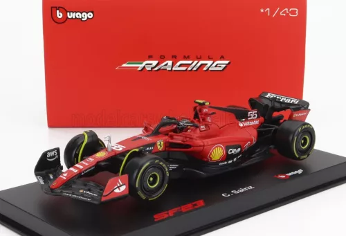 Burago - FERRARI F1  SF-23 TEAM SCUDERIA FERRARI N 55 SEASON 2023 CARLOS SAINZ - WITH PILOT AND SHOWCASE - EXCLUSIVE CARMODEL RED BLACK