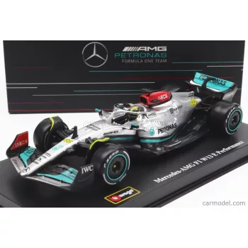   Burago - Mercedes Gp F1 W13E Team Mercedes-Amg Petronas F1 N 44 Season 2022 Lewis Hamilton - With Helmet And Plastic Showcase Silver Green