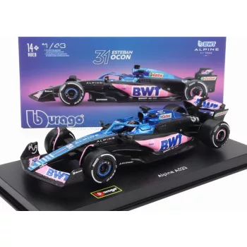   Burago - RENAULT F1  A523 TEAM BWT ALPINE F1 N 31 SEASON 2023 ESTEBAN OCON - CON PILOTA E VETRINA - WITH PILOT AND SHOWCASE BLUE BLACK PINK