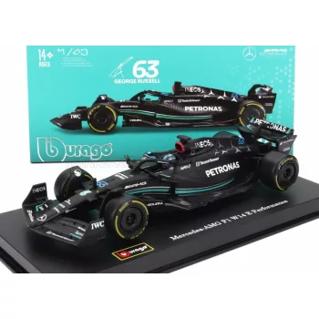  Burago - MERCEDES GP F1 W14 TEAM MERCEDES-AMG PETRONAS FORMULA ONE N 63 SEASON 2023 GEORGE RUSSEL - CON PILOTA E VETRINA - WITH PILOT AND SHOWCASE MATT BLACK