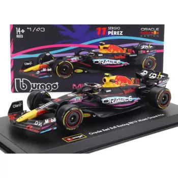   Burago - RED BULL F1  RB19 TEAM ORACLE RED BULL RACING N 11 2nd MIAMI GP 2023 SERGIO PEREZ - WITH HELMET AND PLASTIC SHOWCASE MATT BLUE