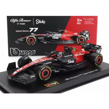   Burago - ALFA ROMEO F1  C43 TEAM STAKE N 77 SEASON 2023 VALTTERI BOTTAS - CON PILOTA E VETRINA - WITH PILOT AND SHOWCASE - EXCLUSIVE CARMODEL BLACK RED