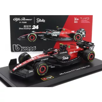   Burago - ALFA ROMEO F1  C43 TEAM STAKE N 24 SEASON 2023 GUANYU ZHOU - CON PILOTA E VETRINA - WITH PILOT AND SHOWCASE - EXCLUSIVE CARMODEL BLACK RED