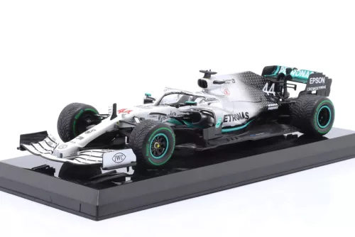 Edicola - MERCEDES GP F1  W10 EQ POWER+ TEAM AMG PETRONAS MOTORSPORT WORLD CHAMPION N 44 GERMAN GP 2019 LEWIS HAMILTON - DAMAGE BLISTER BOX WHITE SILVER BLACK