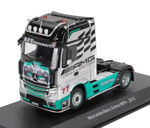 Edicola - MERCEDES BENZ ACTROS MP4 1851 TRUCK N 77 TEAM MERCEDES-AMG PETRONAS F1 FORMULA ONE 2-ASSI 2012 SILVER BLACK GREEN