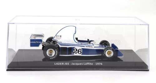 Edicola - LIGIER F1  JS5 N 26 SEASON 1976 JACQUES LAFFITE - CON VETRINA - WITH SHOWCASE LIGHT BLUE WHITE