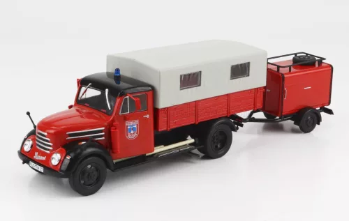 Edicola - ROBUR GARANT 30 K TRUCK TELONATO FEUERWEHR WITH TANKER TRAILER EST GERMANY 1956 RED GREY
